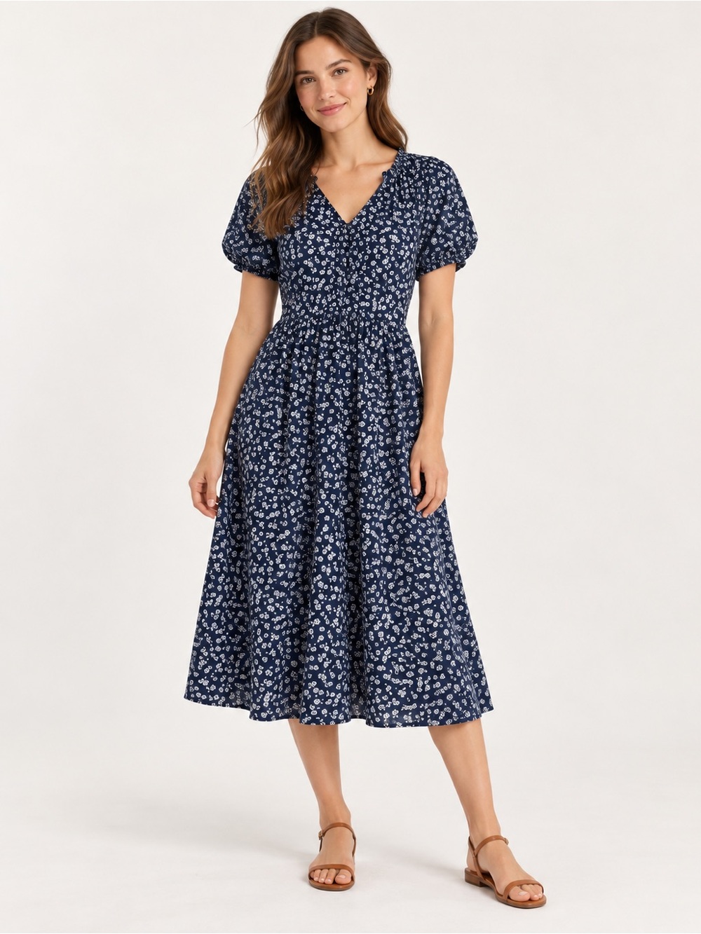 J. Crew Navy Floral V-Neck Midi with Puff Sleeves